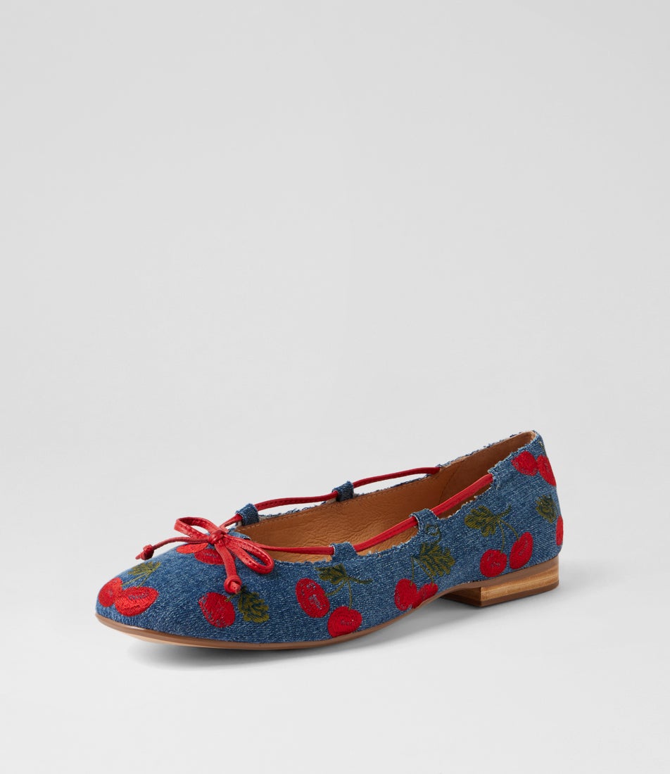 Mellasy Blue Cherries Red Fabric Ballet Flats Mellasy Blue Cherries Red Fabric Ballet Flats