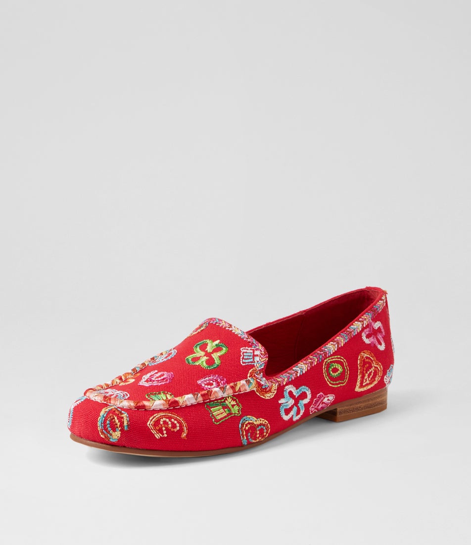 Teloe Red Embroidery Fabric Loafers
