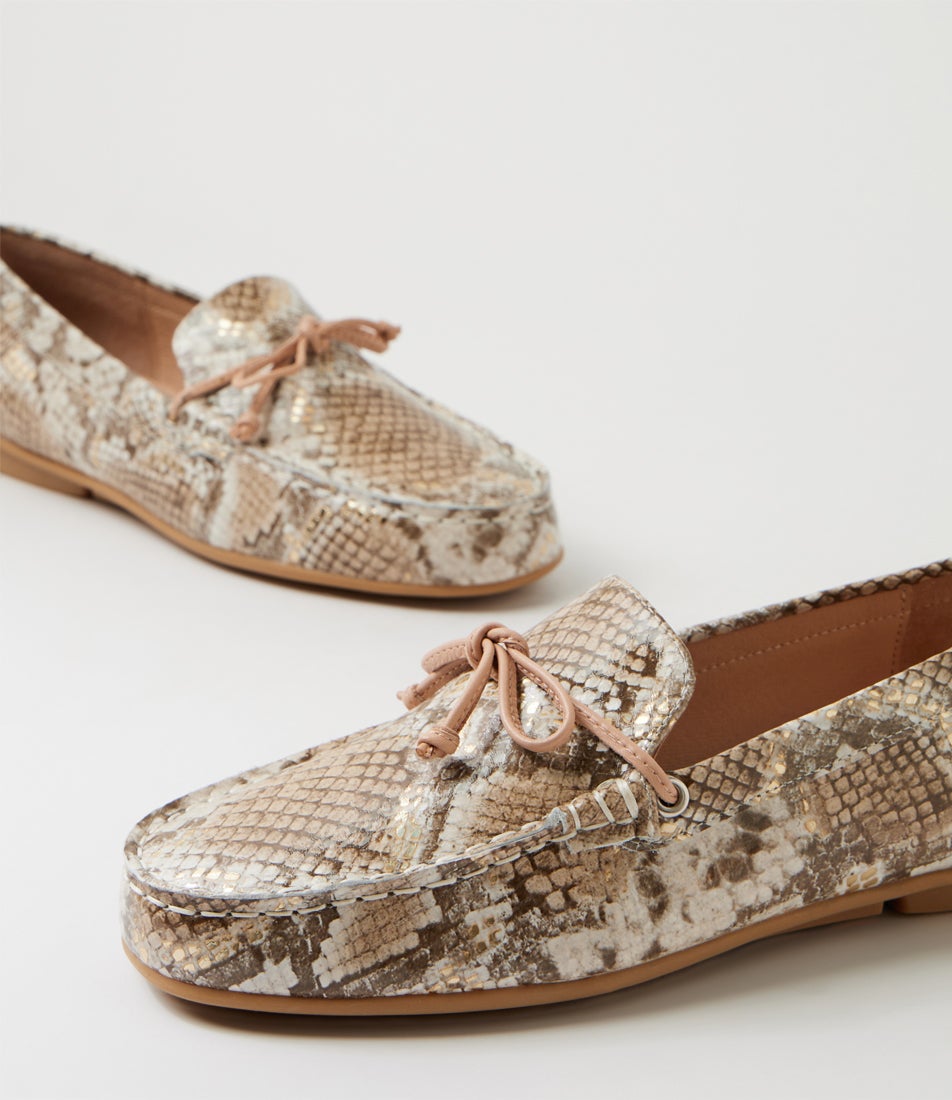Reesus Neutral Metallic Snake Leather Loafers