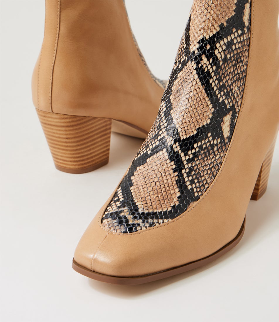 Reddy Camel Black Caramel Leather Snake Ankle Boots