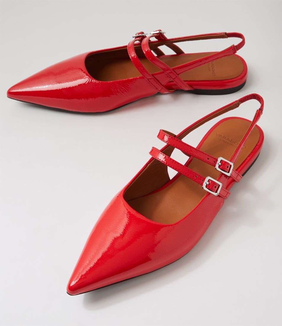 Hermine Buckle Flame Red Patent Leather Flat Shoes