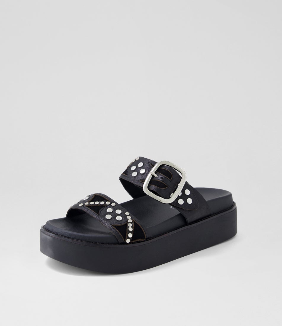 Gawler Black Leather Suede Slides