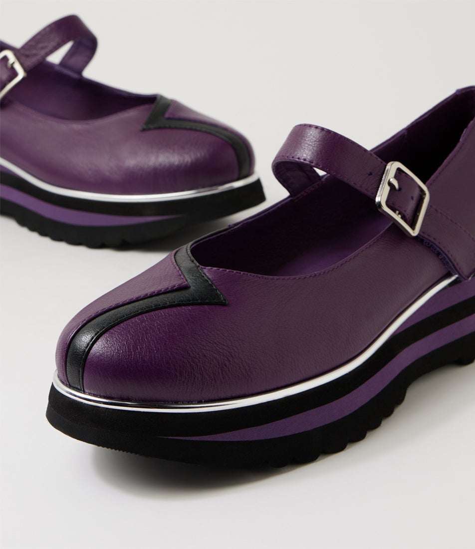 Elanies Purple Black Leather Flat Shoes