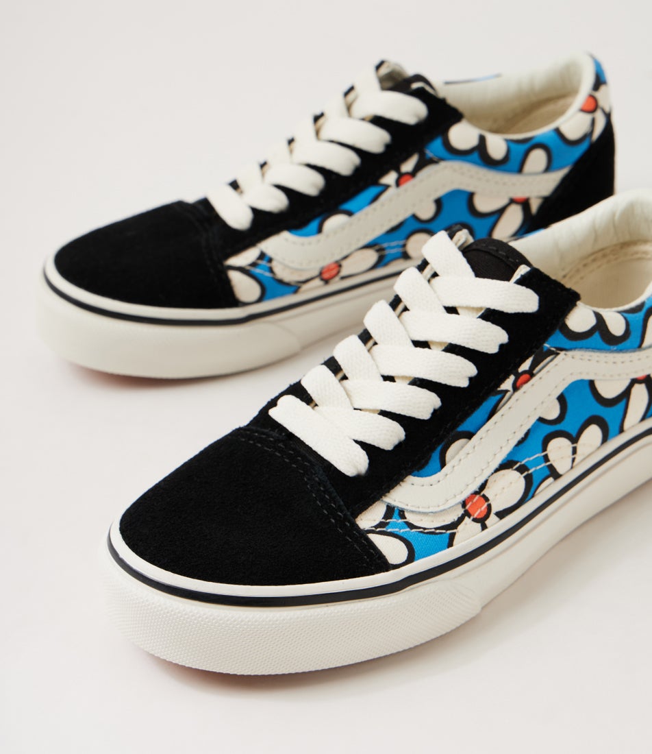 Old Skool Junior Painted Floral Bright Azure Suede Canvas Sneakers