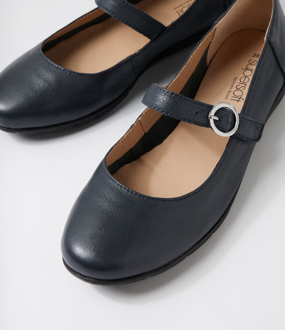 Hariet Navy Leather Flat Shoes