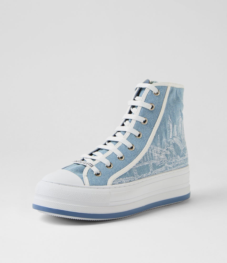 Geppil Denim White Canvas Lace Up Boots