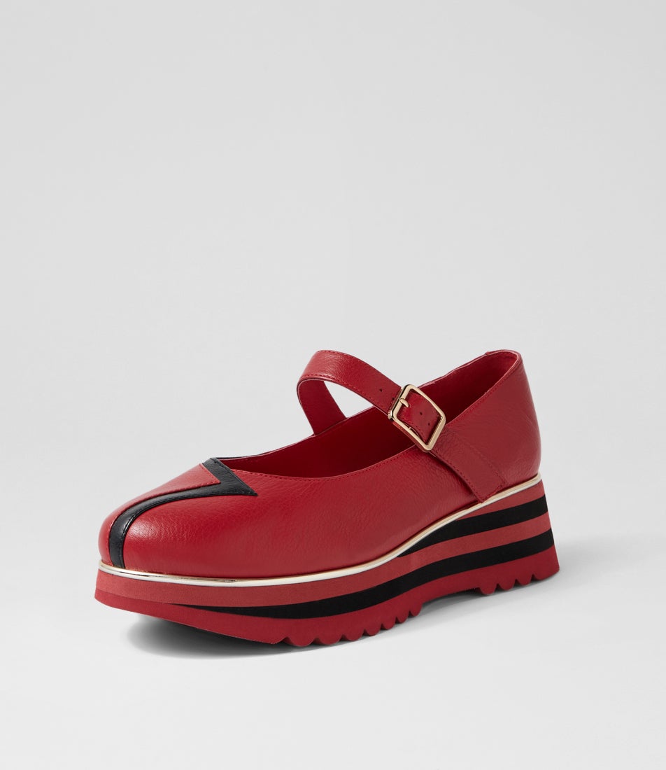 Elanies Dark Red Black Leather Flat Shoes