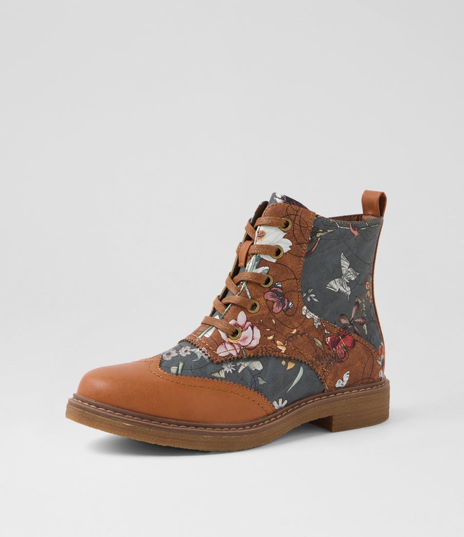 Bokoa Tan Steel Floral Ankle Boots Bokoa Tan Steel Floral Ankle Boots