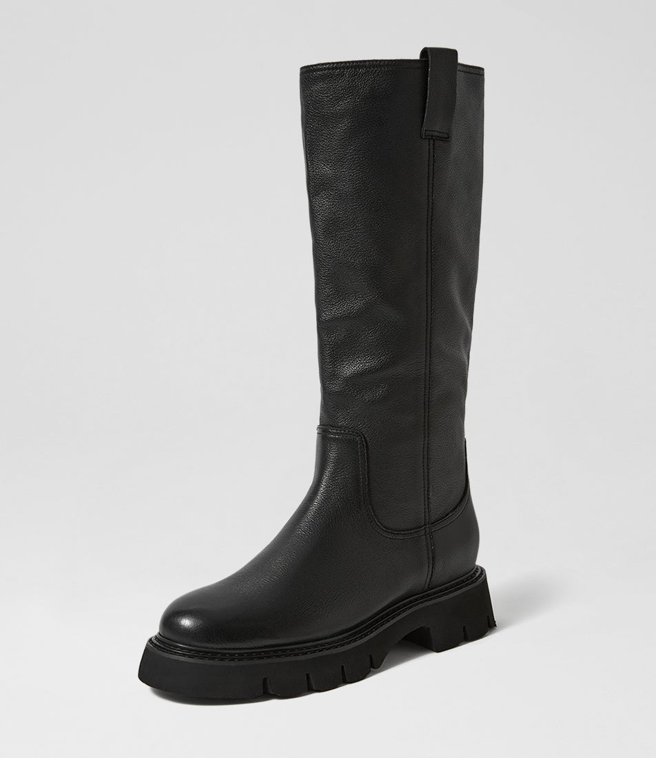 Krever Black Leather Knee High Boots