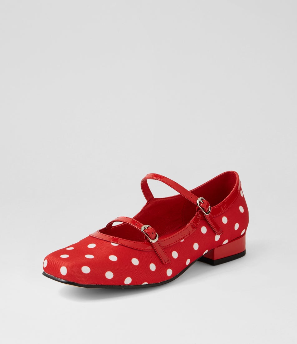 Brammleys Red White Spot Red Fabric Patent Mary Jane Heels