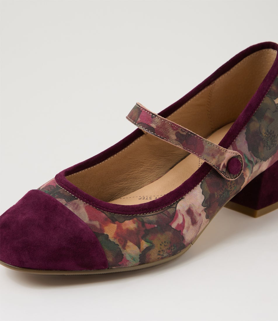 Zilla W Burgundy Shiraz Flower Suede Leather Heels
