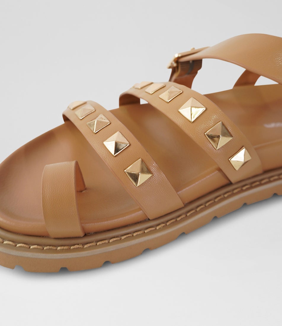 Chunky Stud Camel Leather Slides