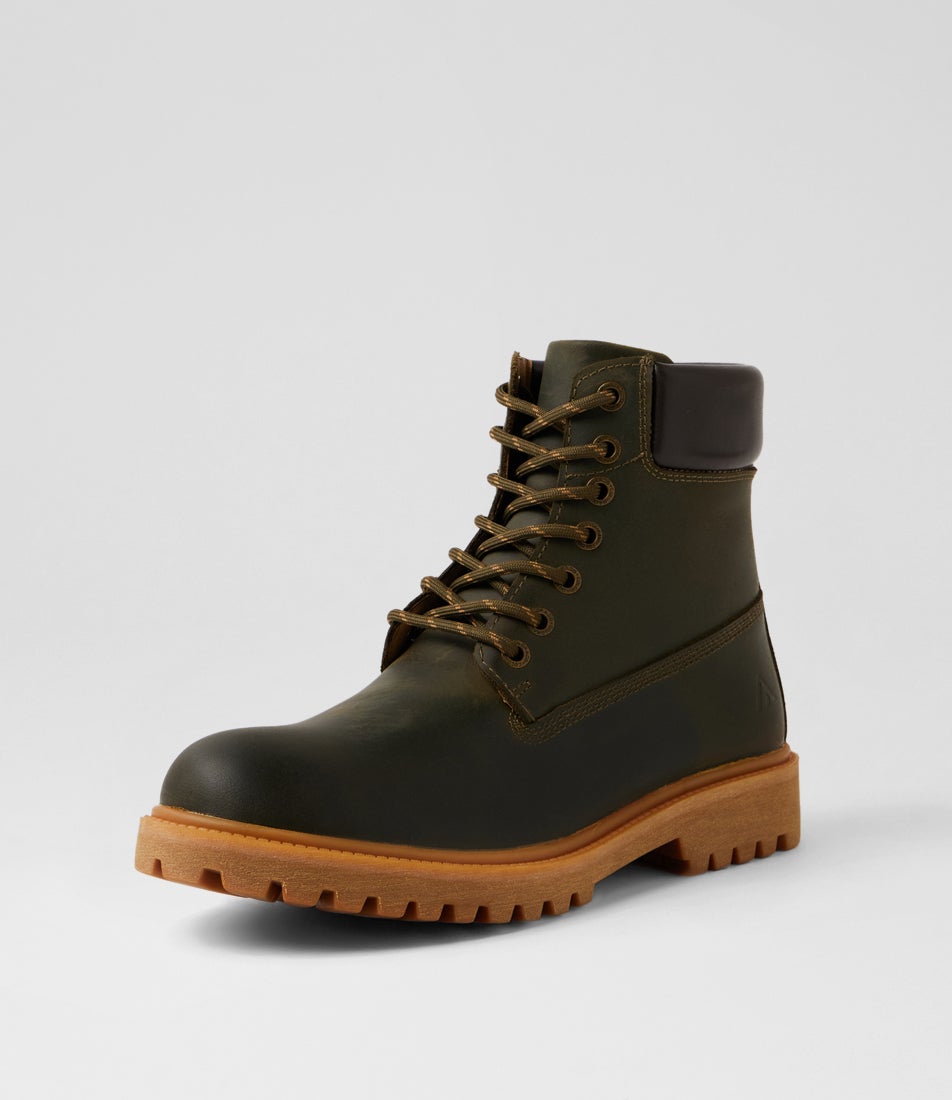 Flora Khaki Leather Lace Up Boots