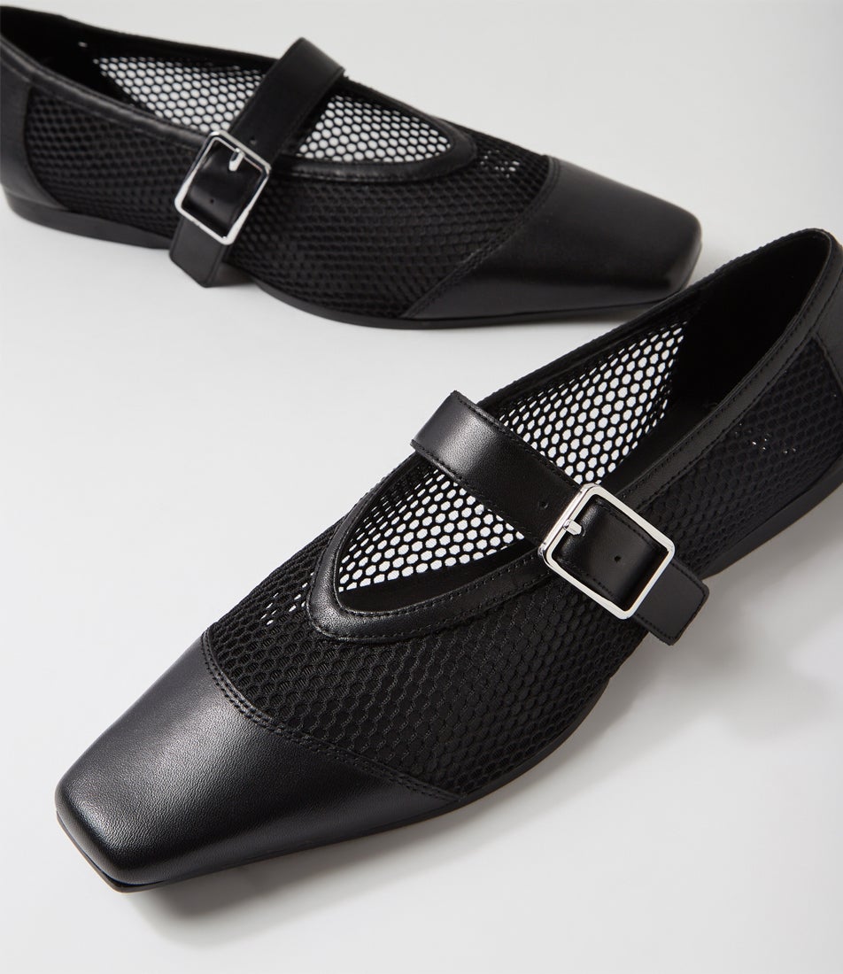Wioletta Mesh Black Leather Flat Shoes