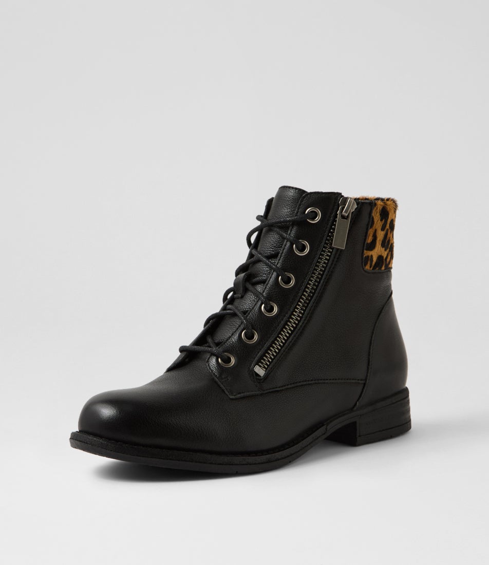 College Black Light Tan Leopard Leather Multi Lace Up Boots