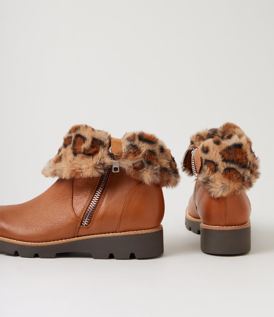 Dlinga Drambuie Tan Leopard Leather Fur Ankle Boots