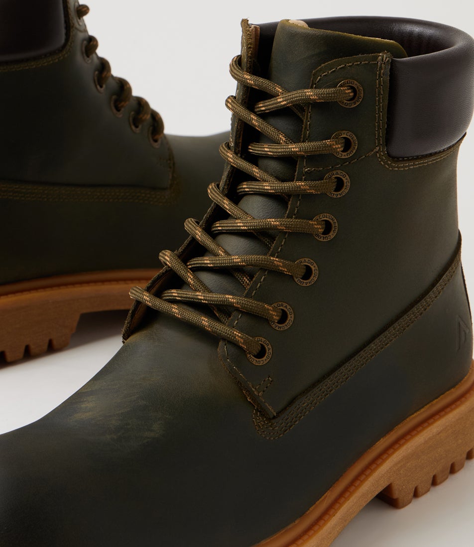 Flora Khaki Leather Lace Up Boots