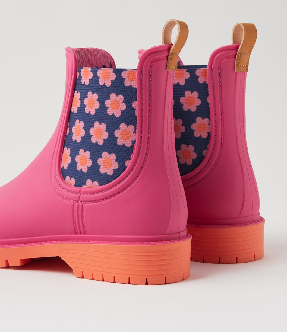 Laurina2 Bright Pink Floral Gumboot Ankle Boots