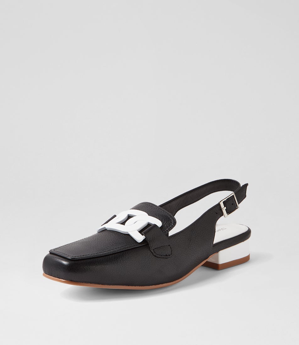 Bossys Black White Leather Patent Mules