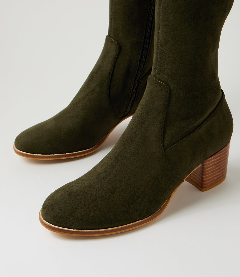 Mamoru Olive Stretch Microsuede Knee High Boots