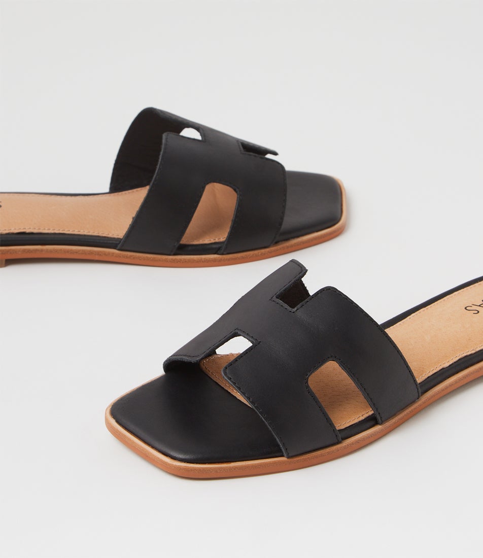 Stevans Black Natural Leather Slides