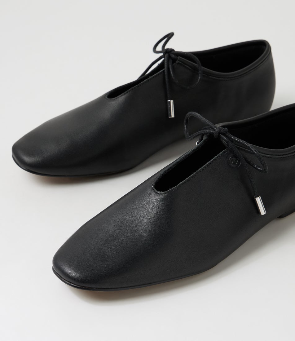 Noah Lace Black Leather Lace Up Flats