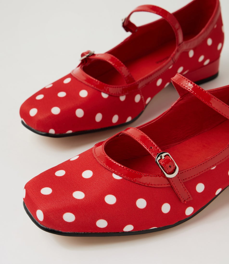 Brammleys Red White Spot Red Fabric Patent Mary Jane Heels