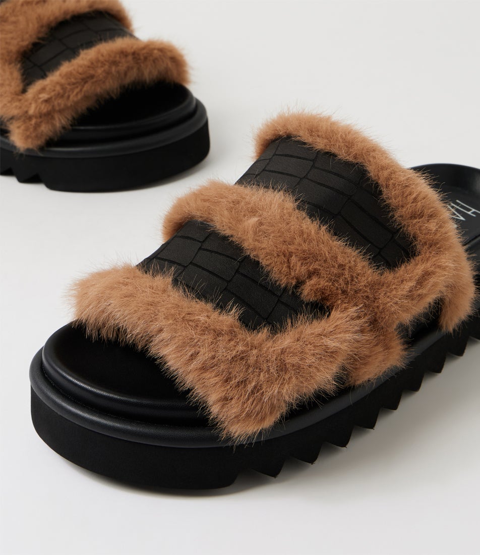 Talia Black Leather Faux Fur Sandals