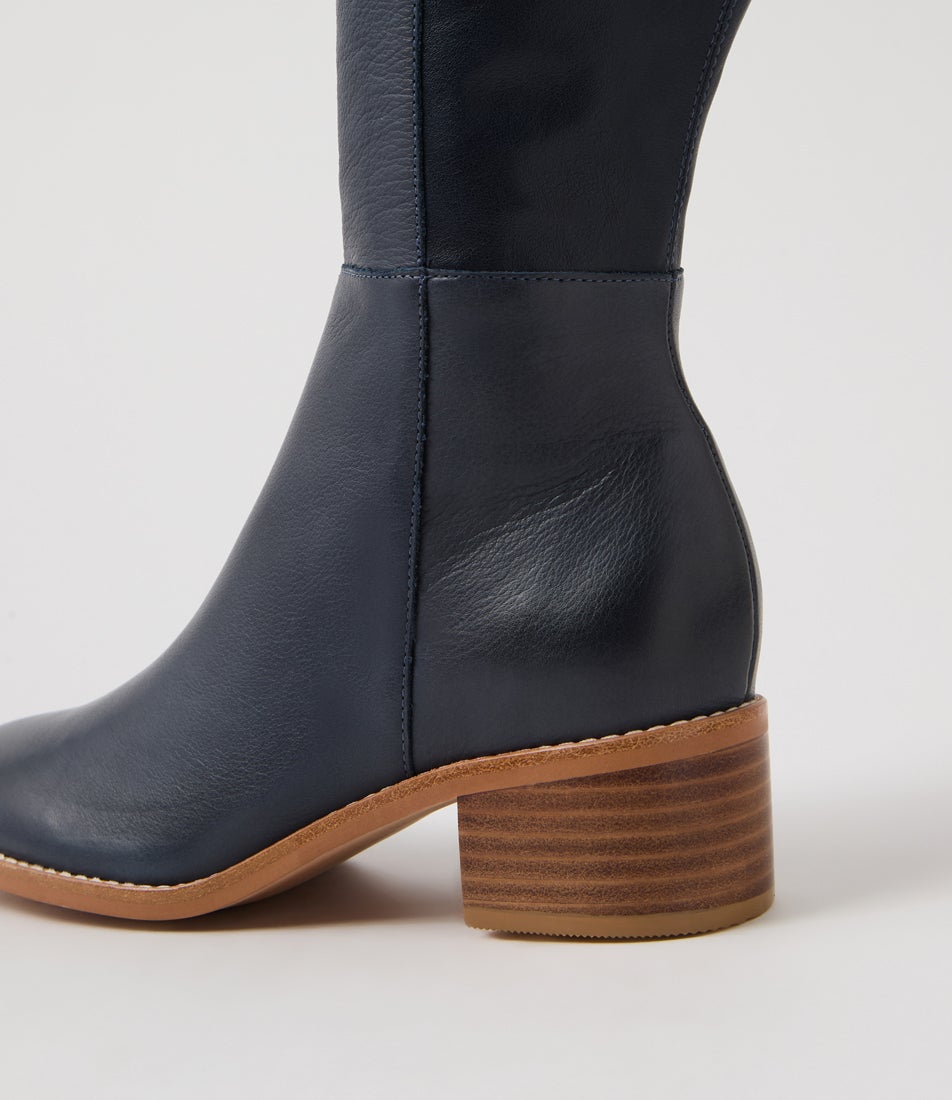 Ronel Navy Leather Stretch Knee High Boots