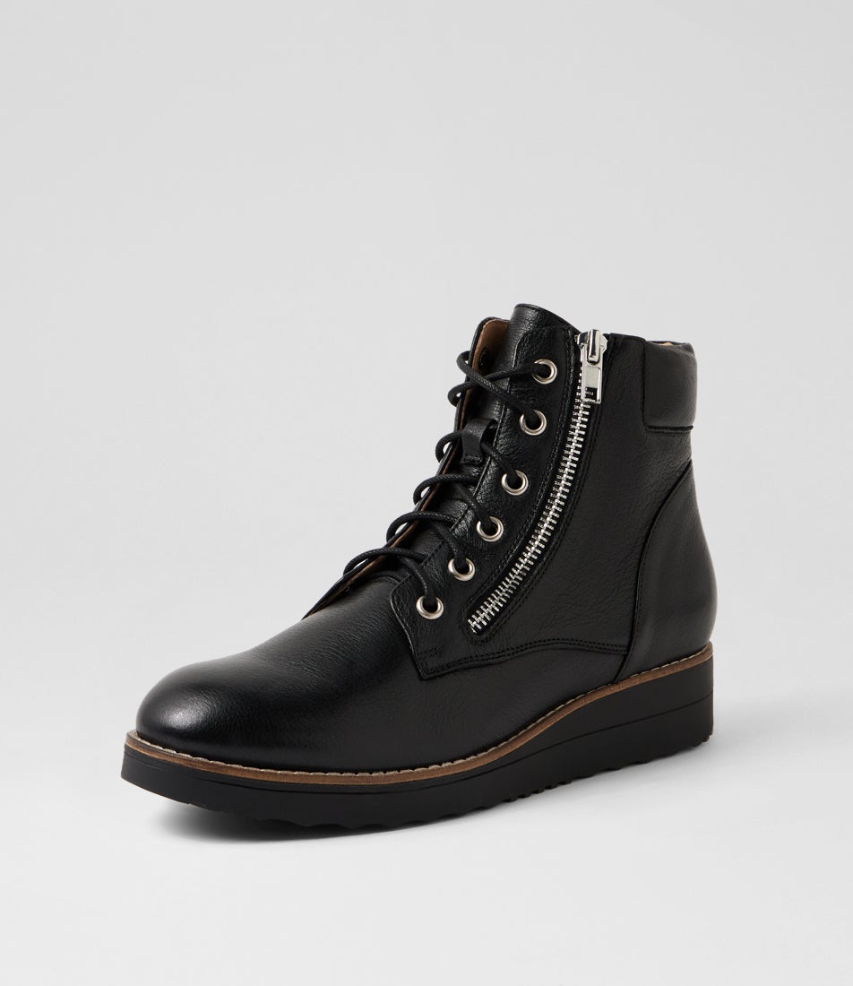 Ollege Black Leather Lace Up Boots