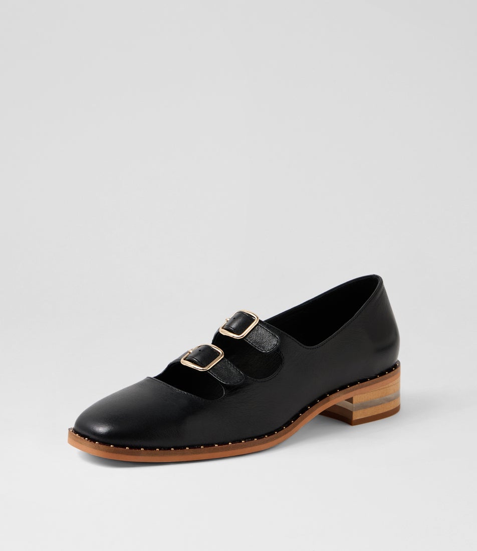 Fiannia Black Natural Heel Leather Flat Shoes