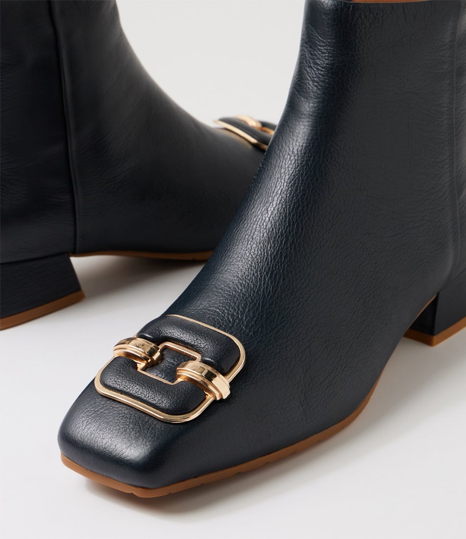 Saneto Navy Leather Ankle Boots