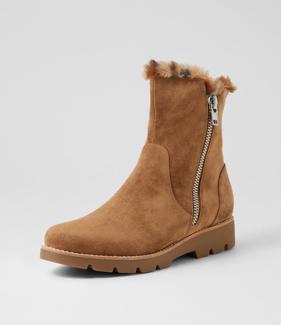 Dlinga Light Choc Tan Leopard Suede Fur Ankle Boots