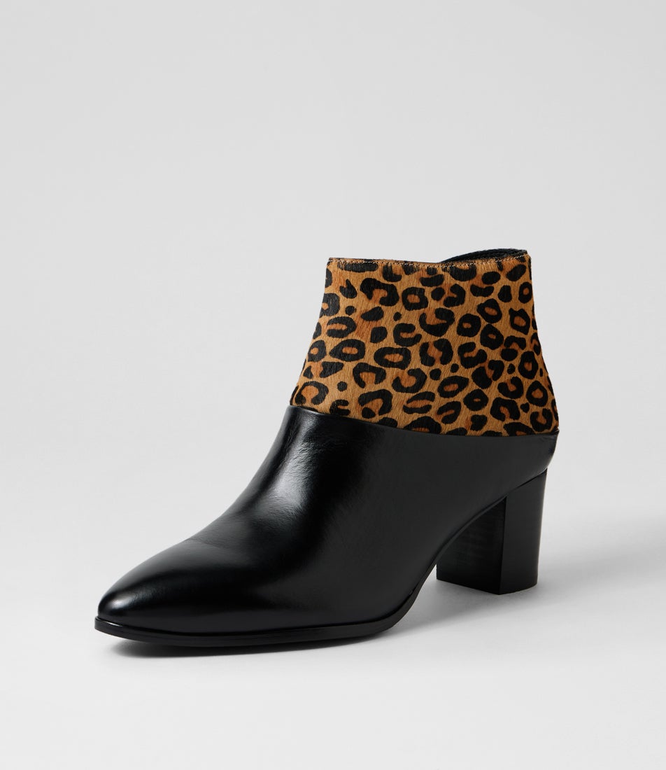 Blumas Black Light Tan Leopard Leather Pony Ankle Boots