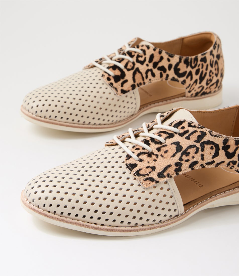 Sidecut Punch Bone Natural Leopard Leather Lace Up Flats