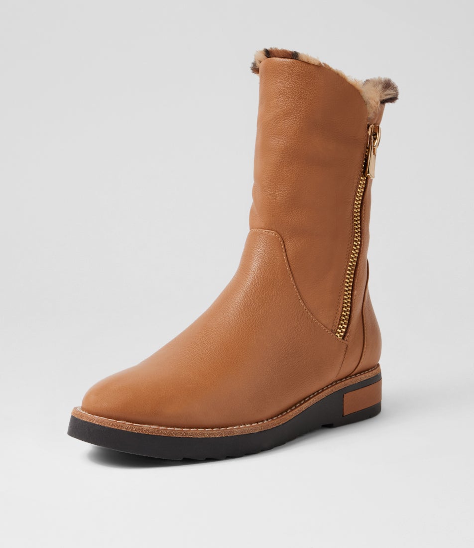 Rhemy Dark Tan Leopard Leather Fur Ankle Boots