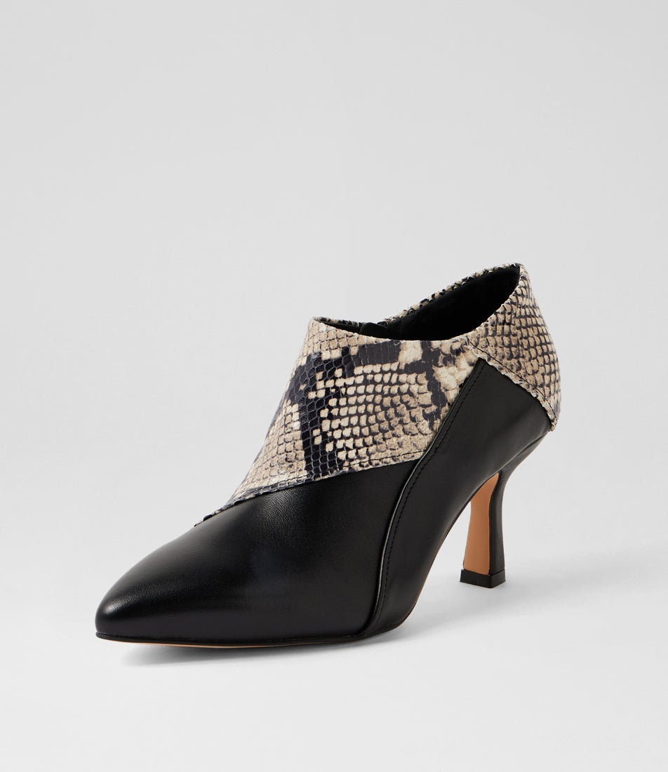 Lazel Black White Leather Ankle Boots