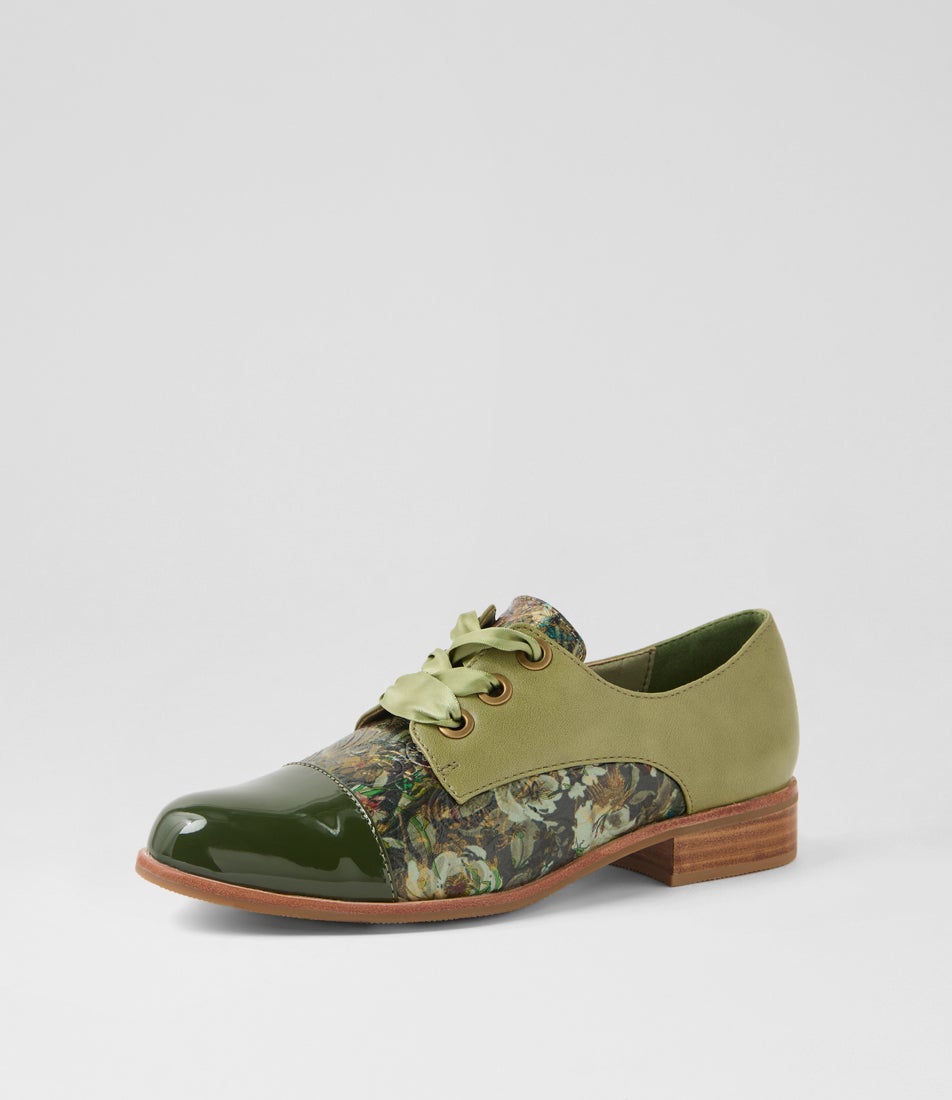 Hannie Dark Khaki Olive Floral Patent Pu Lace Up Flats