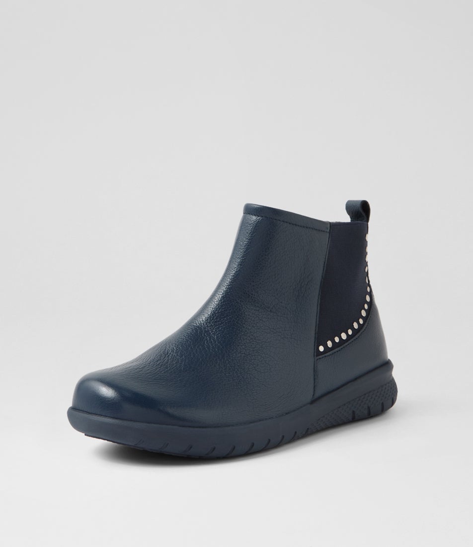 Suji Xf Navy Leather Elastic Ankle Boots