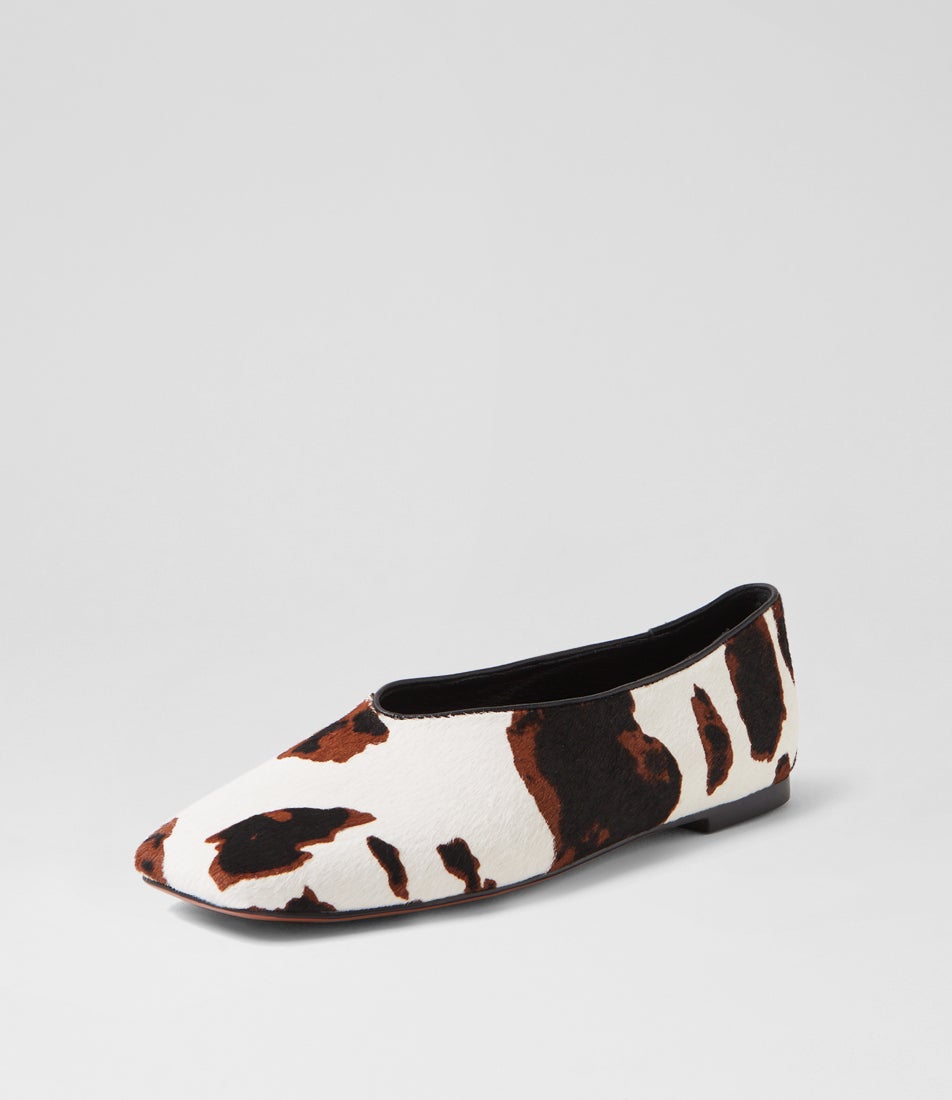 Bevira Black Brown Cow Print Leather Ballet Flats